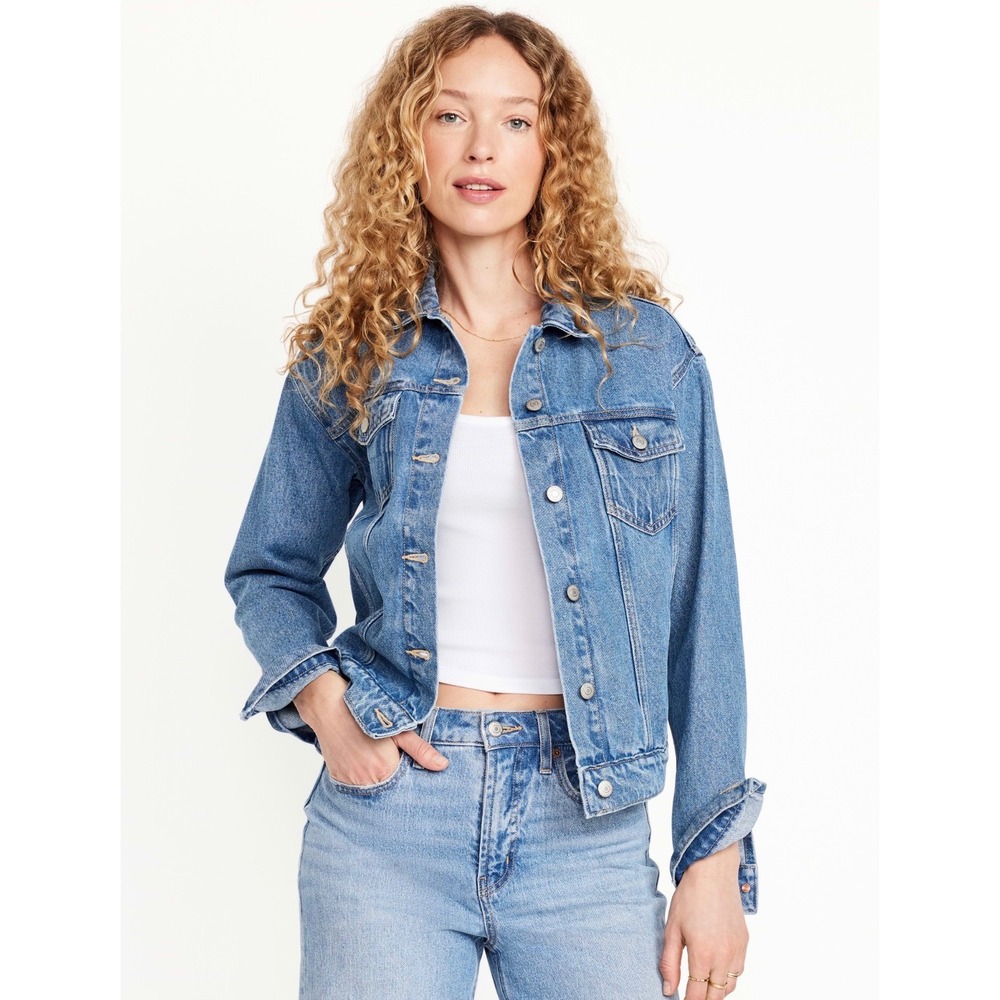 Old Navy Womens Classic Jean Jacket Medium Wash Denim Trucker Jacket Size L